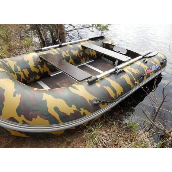 Надувная лодка Prof Marine PM 300 ELS (камуфляж), Расцветка: камуфляж, Тип лодки: гребная под мотор, Грузоподъемность: 360, Количество пассажиров: 2, Длина (см): 300, Плотность ПВХ (г/м2): 850, Дно: Пайол книжка, Киль: Надувной, Транец: встроенный, Страна бренда: Россия, фото 