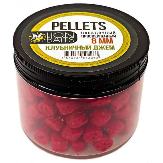 Lion baits Пеллетс насадочный просверленный "Клубничный джем" 8мм 100гр, фото 
