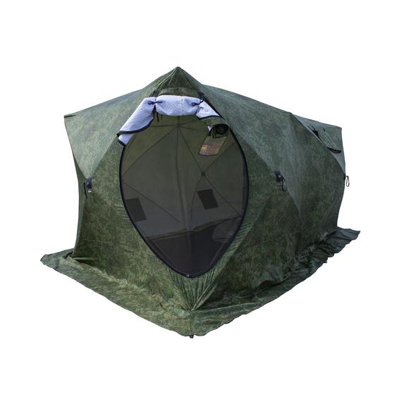 Палатка зимняя СТЭК КУБ 3 Т ДУБЛЬ трехслойная, дышащая (камуфляж, камыш с навесом), фото , изображение 3